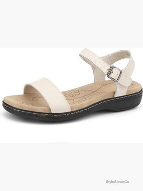 Genuine Leather Flat Sandals with Arch Support, Adjustable Ankle Strap